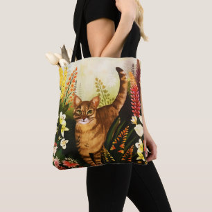Tote Bag Chat vintage Dans L'Aquarelle Du Jardin Fleurissan