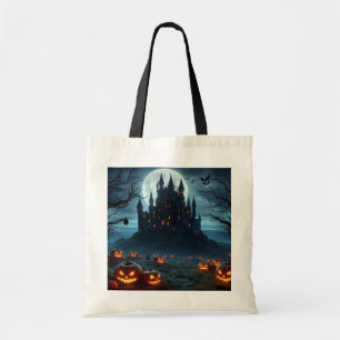 Tote Bag Château sombre, médiéval, chauves-souris & citroui