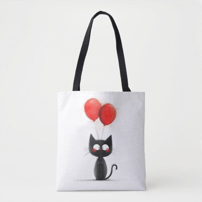 Tote Bag Chaton noir drôle avec ballons rouges (Devant)