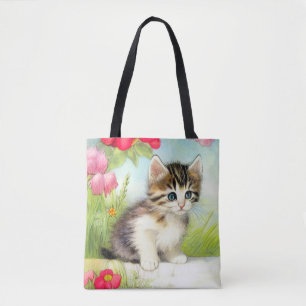 Tote Bag Chaton vintage blanc et Brown avec fleurs