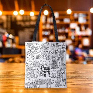 Tote Bag Chats amusant noir et blanc main dessinée art