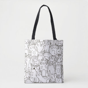 Tote Bag Chats de gribouillis : noir et blanc.