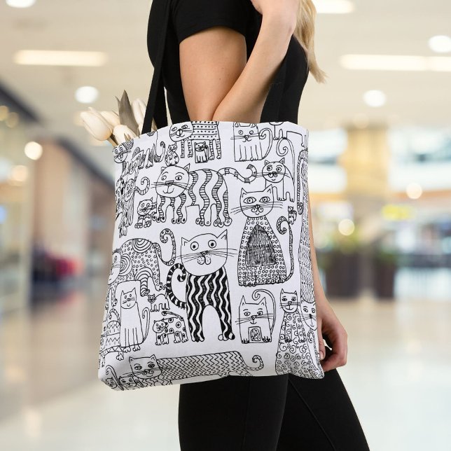 Tote Bag Chats et chatons noirs et blancs modernes (Modern Black and White Cats And Kittens Patterned Tote Bag)