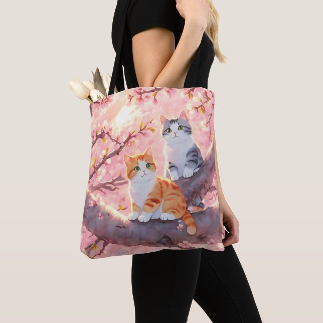 Tote Bag Chats Mignons Sur Un Arbre En Fleur De Cerise (De près)