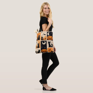 Tote Bag Chats noirs, citrouilles et chauves-souris pour Ha