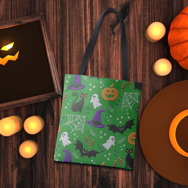 Tote Bag Chats noirs Fantômes chauves-souris Motif vert Hal (Créateur téléchargé)