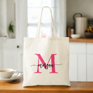 Tote Bag Chaud rose moderne Script Girl Monogramme Nom