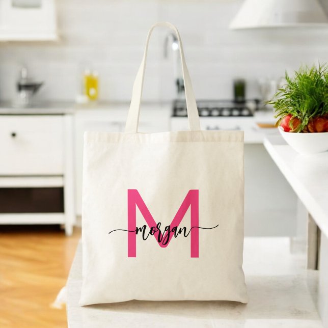Tote Bag Chaud rose moderne Script Girl Monogramme Nom (Créateur téléchargé)