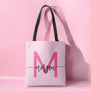 Tote Bag Chaud rose moderne Script Girl Monogramme Nom