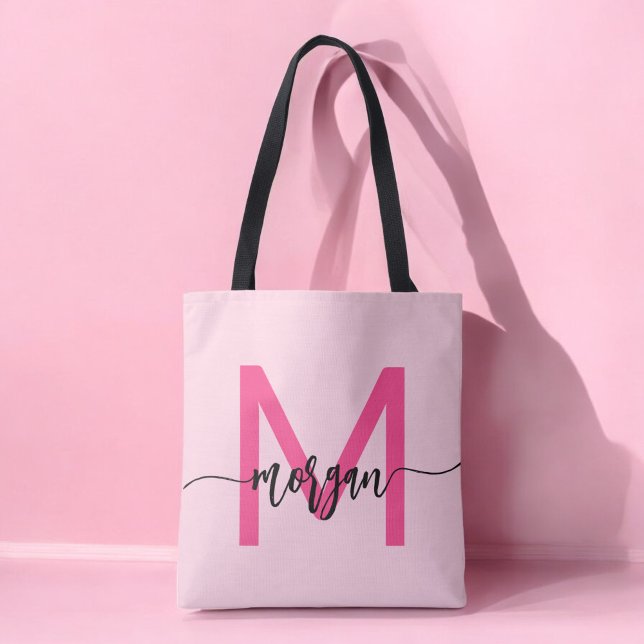 Tote Bag Chaud rose moderne Script Girl Monogramme Nom (Créateur téléchargé)