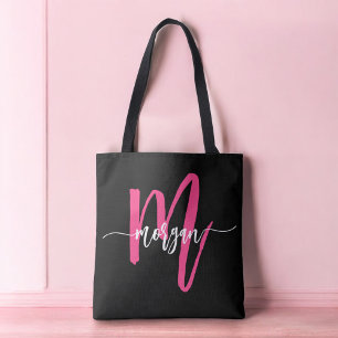 Tote Bag Chaud rose noir moderne Script Girl Monogramme Nom
