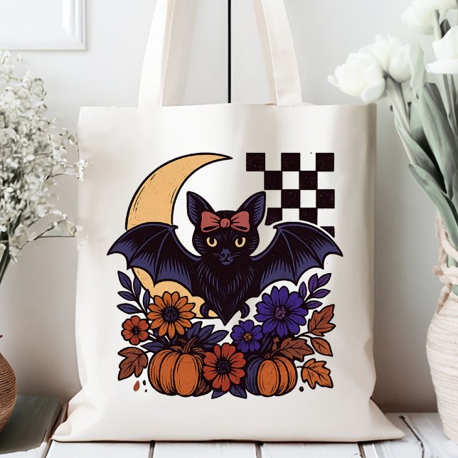 Tote Bag Chauve d'Halloween rétro avec lune Gothique esthét (This retro Halloween bat design captures spooky charm with a gothic twist.)