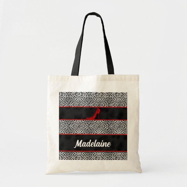 Tote Bag Cheetah d'argent et de noir avec nom rouge (Devant)