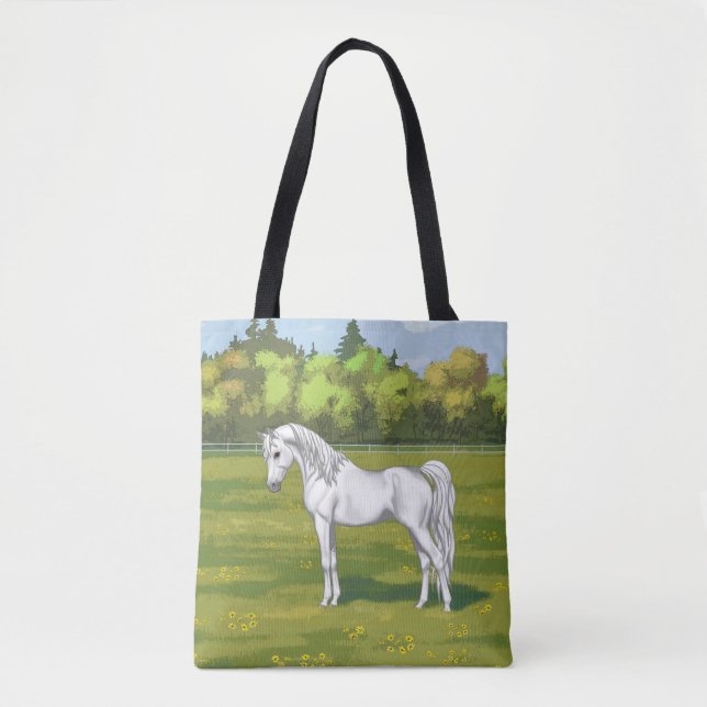 Tote Bag Cheval blanc égyptien arabe dans les pâturages d'é (Devant)