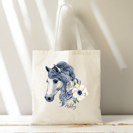 Tote Bag Cheval bleu gris avec fleurs nom personnalisé