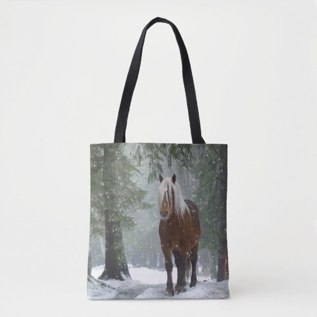 Tote Bag Cheval Brown dans une forêt d'hiver avec chute de  (Devant)