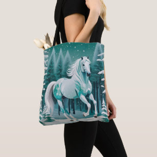 Tote Bag Cheval d'argent vert dans la forêt enchantée