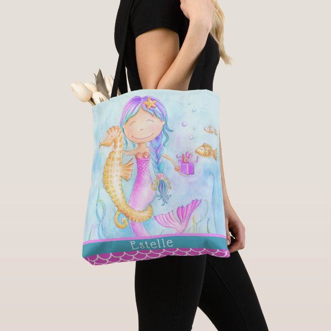 Tote Bag Cheval de mer de sirène aquarelle échelle de nom p (De près)