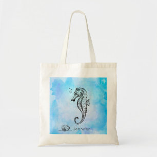 Tote Bag Cheval de mer et coquillage sur l'aquarelle bleue 