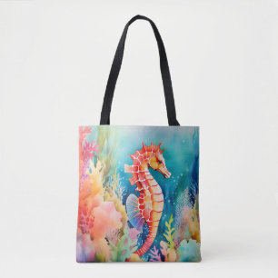 Tote Bag Cheval de mer gracieux dans des couches d'aquarell