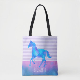 Tote Bag Cheval en Aquarelle bleu et violet Personnalisé