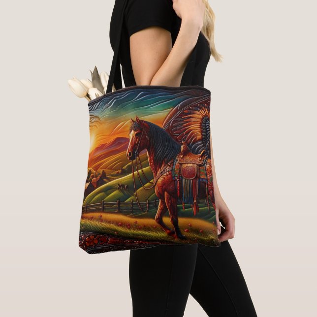 Tote Bag Cheval En Cuir Au Coucher Du Soleil (De près)
