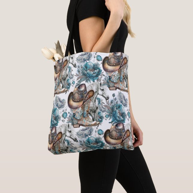 Tote Bag Cheval fille cowgirl motif floral turquoise (De près)