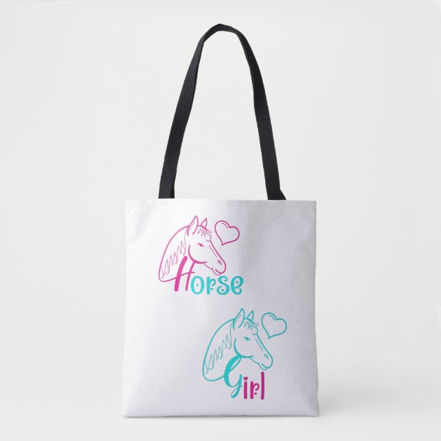 Tote Bag Cheval Girl en rose et turquoise (Devant)