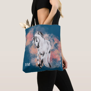 Tote Bag Cheval gris Imaginaire Nuages roses Monogramme