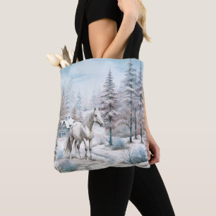 Tote Bag Cheval hiver scène neige forêt Noël