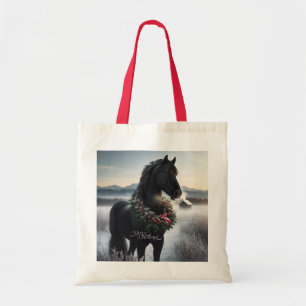 Tote Bag Cheval noir dans la neige avec couronne de Noël 