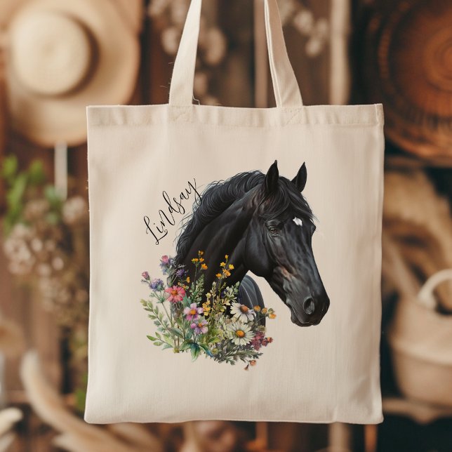 Tote Bag Cheval Noir Fleurs sauvages w Nom Personnalisation (Créateur téléchargé)
