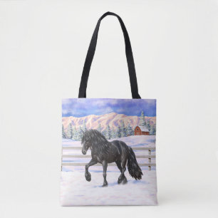 Tote Bag Cheval Noir Friésien En Neige