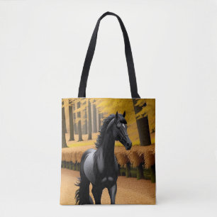 Tote Bag Cheval noir sur un chemin forestier automnal pitto