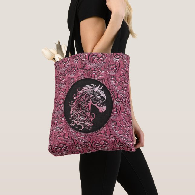 Tote Bag Cheval rose cowgirl floral à outils cuir (De près)