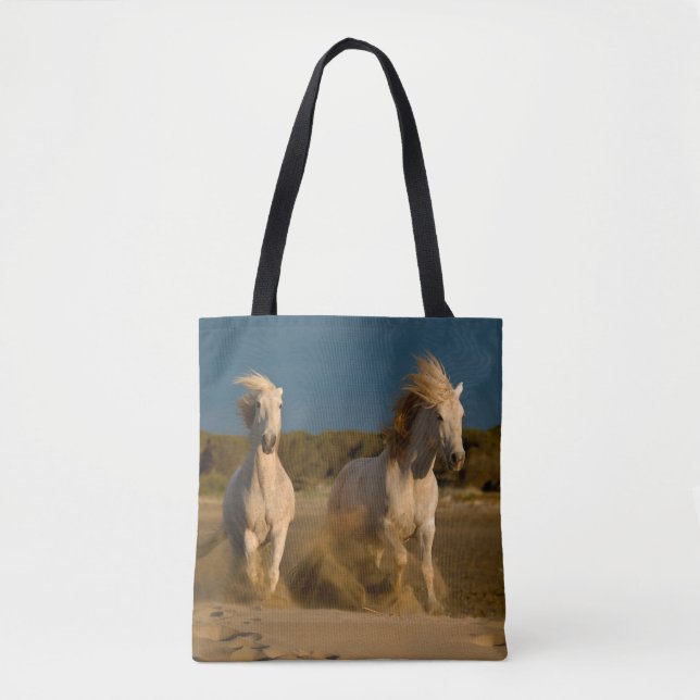 Tote Bag Chevaux blancs fonctionnant sur la plage | (Devant)