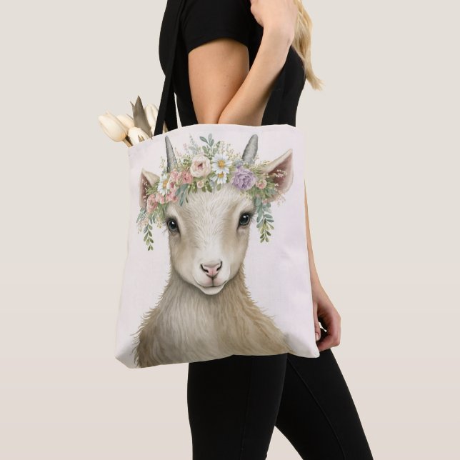 Tote Bag Chèvre Boho Animal Floral (De près)