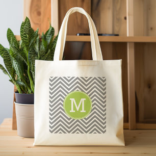 Tote Bag Chevrons gris et citron vert avec Monogramme perso