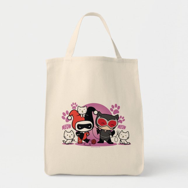 Tote Bag Chibi Harley Quinn & Chibi Catwoman Avec Chats (Devant)