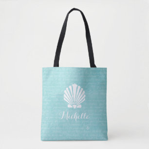 Tote Bag Chic Beach Girl Aqua Scallop Shell Avec Nom