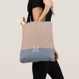 Tote Bag Chic beige et bleu Dusty avec nom Monogramme