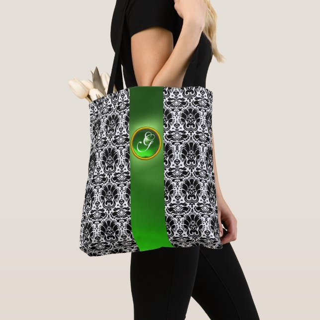 TOTE BAG CHIC BLACK WHITE DAMASK EMERALD GREEN GEM MONOGRAM (De près)