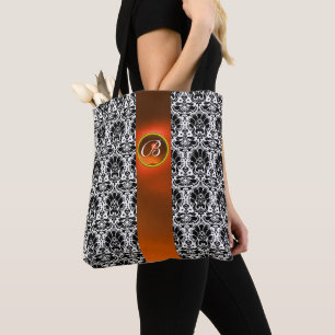 TOTE BAG CHIC BLACK WHITE DAMASK, ORANGE GEMSTONE MONOGRAM