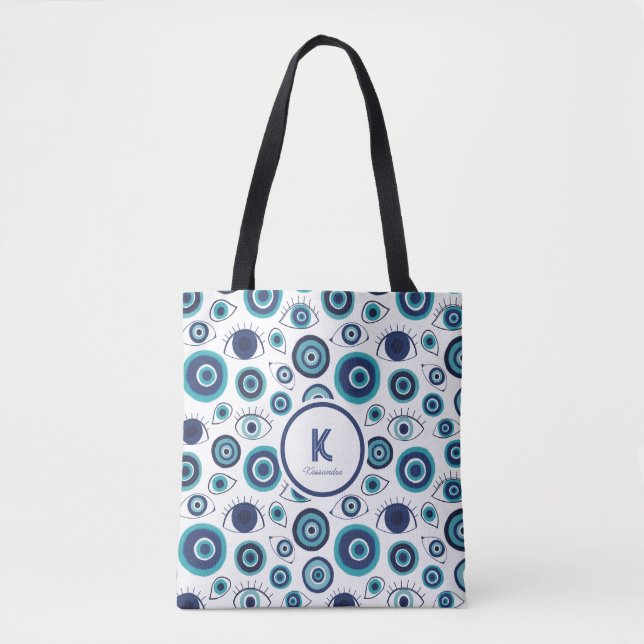 Tote Bag Chic Bleu Blanc Grec Mal Oeil Monogramme (Devant)