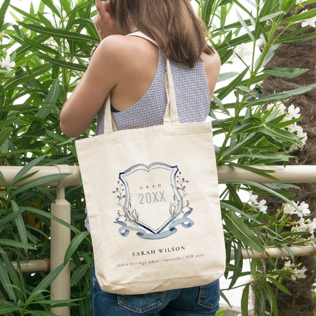 Tote Bag Chic Bleu Fleur sauvage Aquarelle Crest Graduation (Créateur téléchargé)