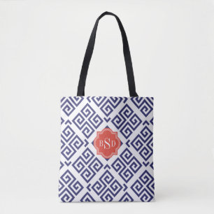 Tote Bag Chic bleu grec clé motif géométrique monogramme