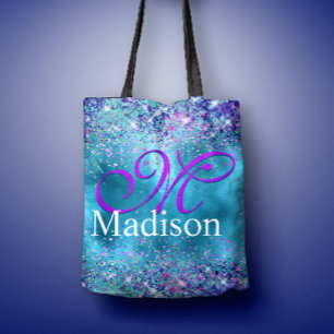 Tote Bag Chic bleu rose irisé parties scintillant monogramm