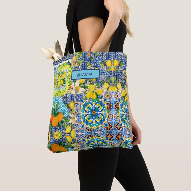 Tote Bag Chic blue turquoise sicilian citrus floral tiles  (De près)