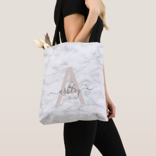 Tote Bag Chic Blush Pink White Marble Script Nom monogram