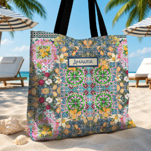Tote Bag Chic carreaux floraux de citrus siciliens bleus ro